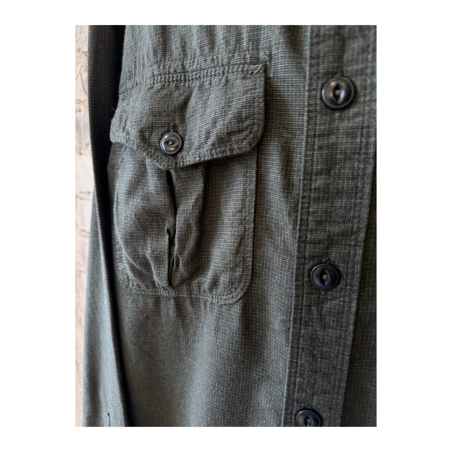Men's Freenote Cloth Rancho Forest Check shirt with green and navy plaid pattern, button-up style, and classic collar.