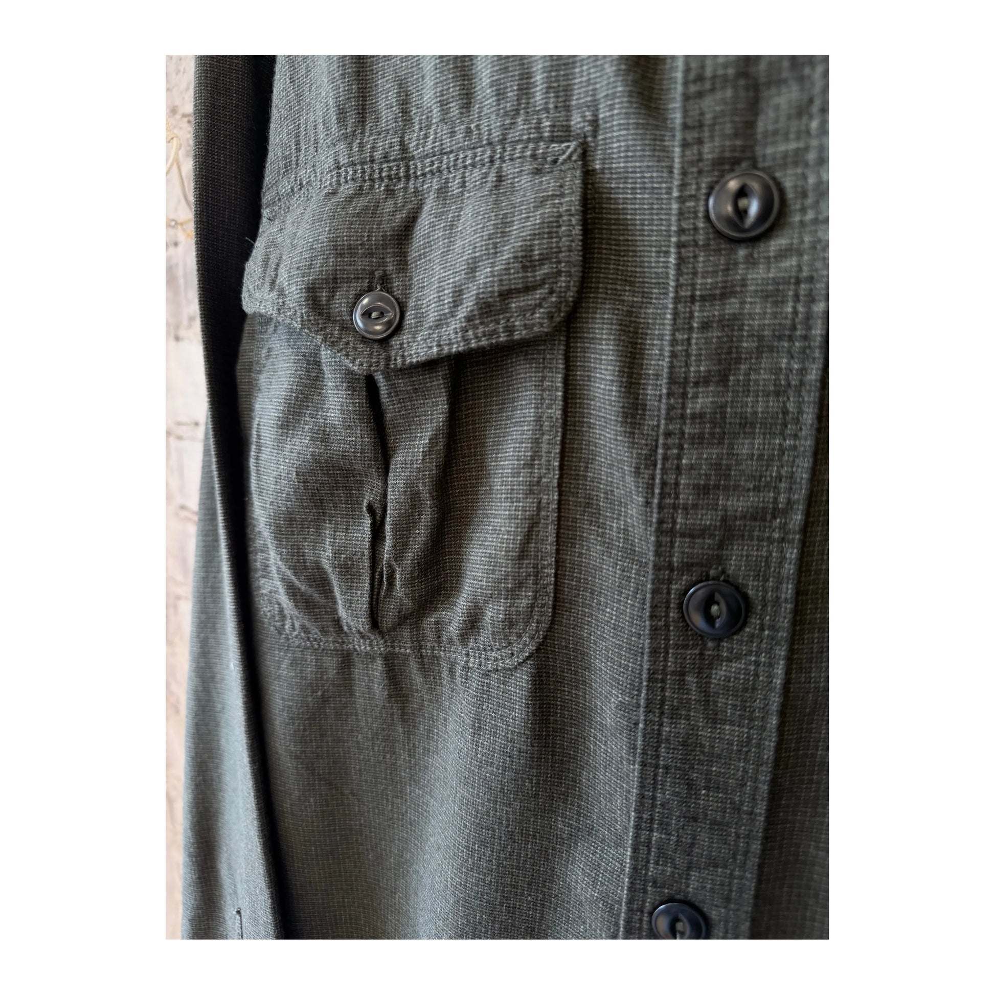 Men's Freenote Cloth Rancho Forest Check shirt with green and navy plaid pattern, button-up style, and classic collar.