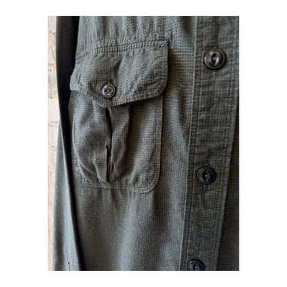 Men's Freenote Cloth Rancho Forest Check shirt with green and navy plaid pattern, button-up style, and classic collar.