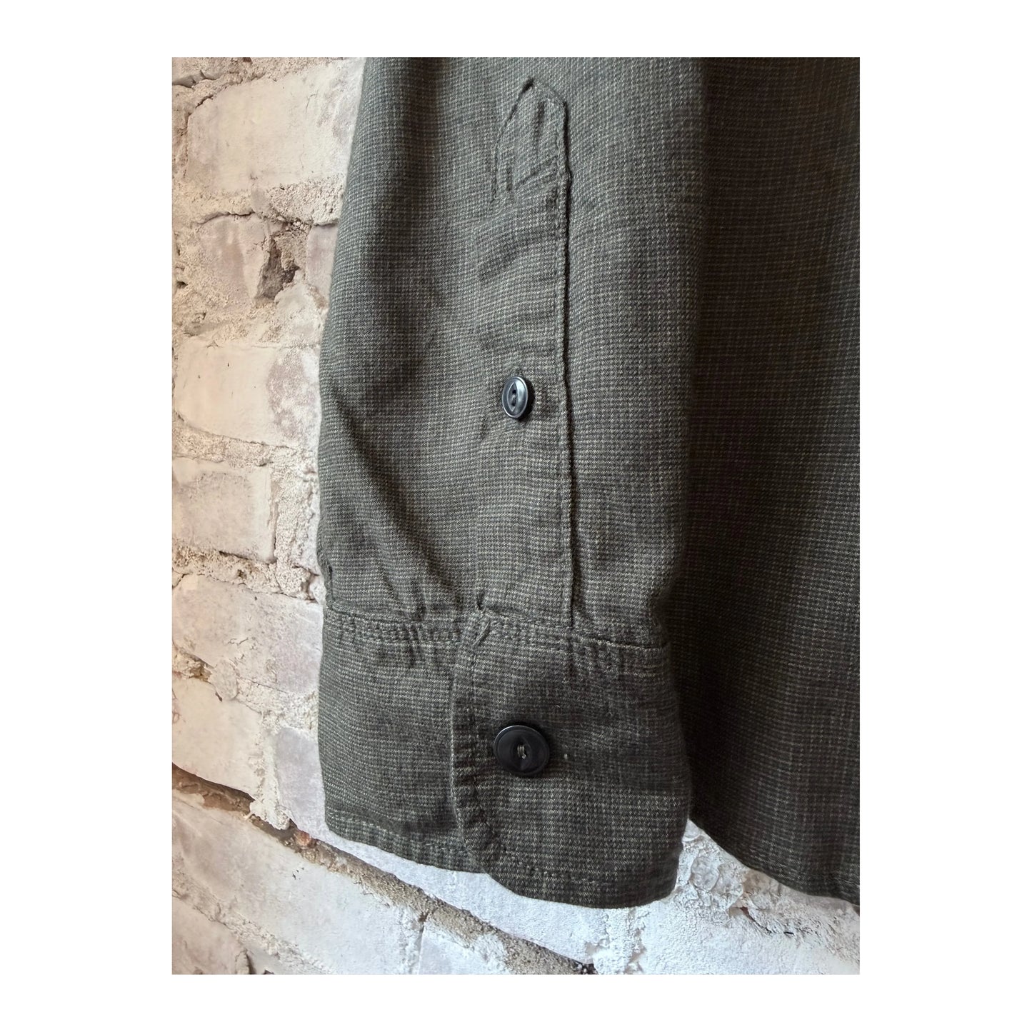 Men's Freenote Cloth Rancho Forest Check shirt with green and brown plaid pattern, long sleeves, and button-up front.