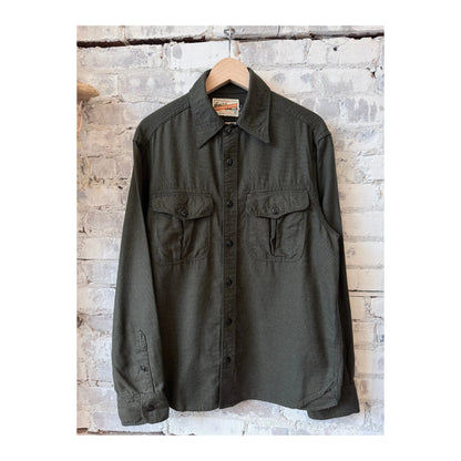 Men's Freenote Cloth Rancho Forest Check shirt with green and brown plaid pattern, shown on a hanger.