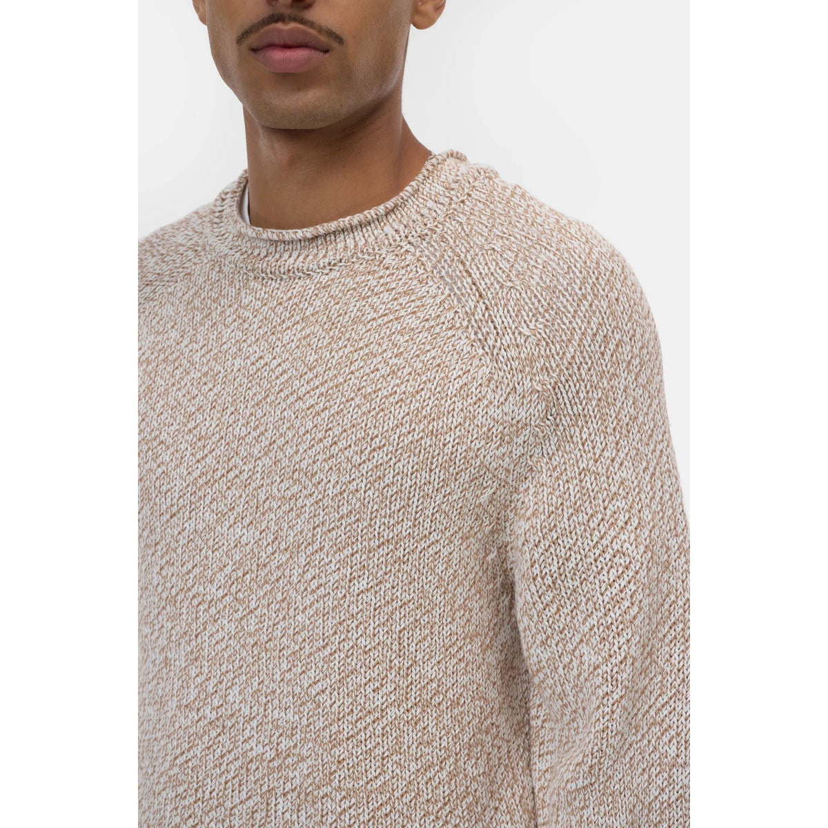 Men's Raw Edged Knit in Rock Beige by Closed Men's, showing close-up of textured knit fabric and raw edge detailing.