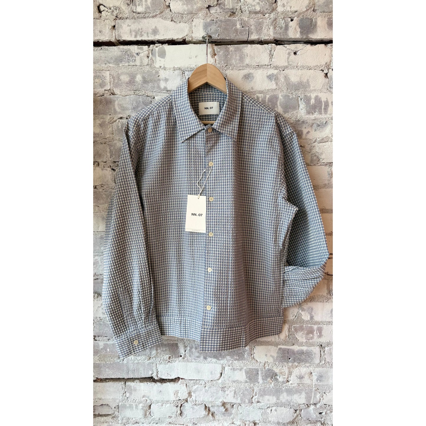 Men's NN07 Reed Seersucker Overshirt in stone blue, lightweight fabric with a relaxed fit and classic seersucker texture.