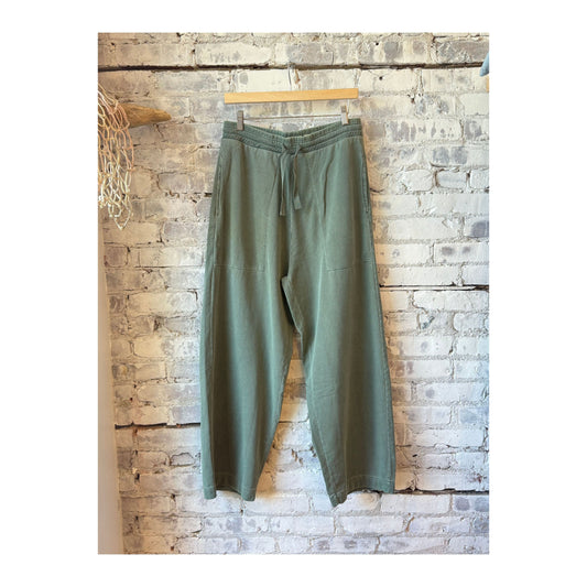 Men's Reformer Twill Jersey Pants in Forest Green by Eat Dust, showing the relaxed fit and durable twill fabric.