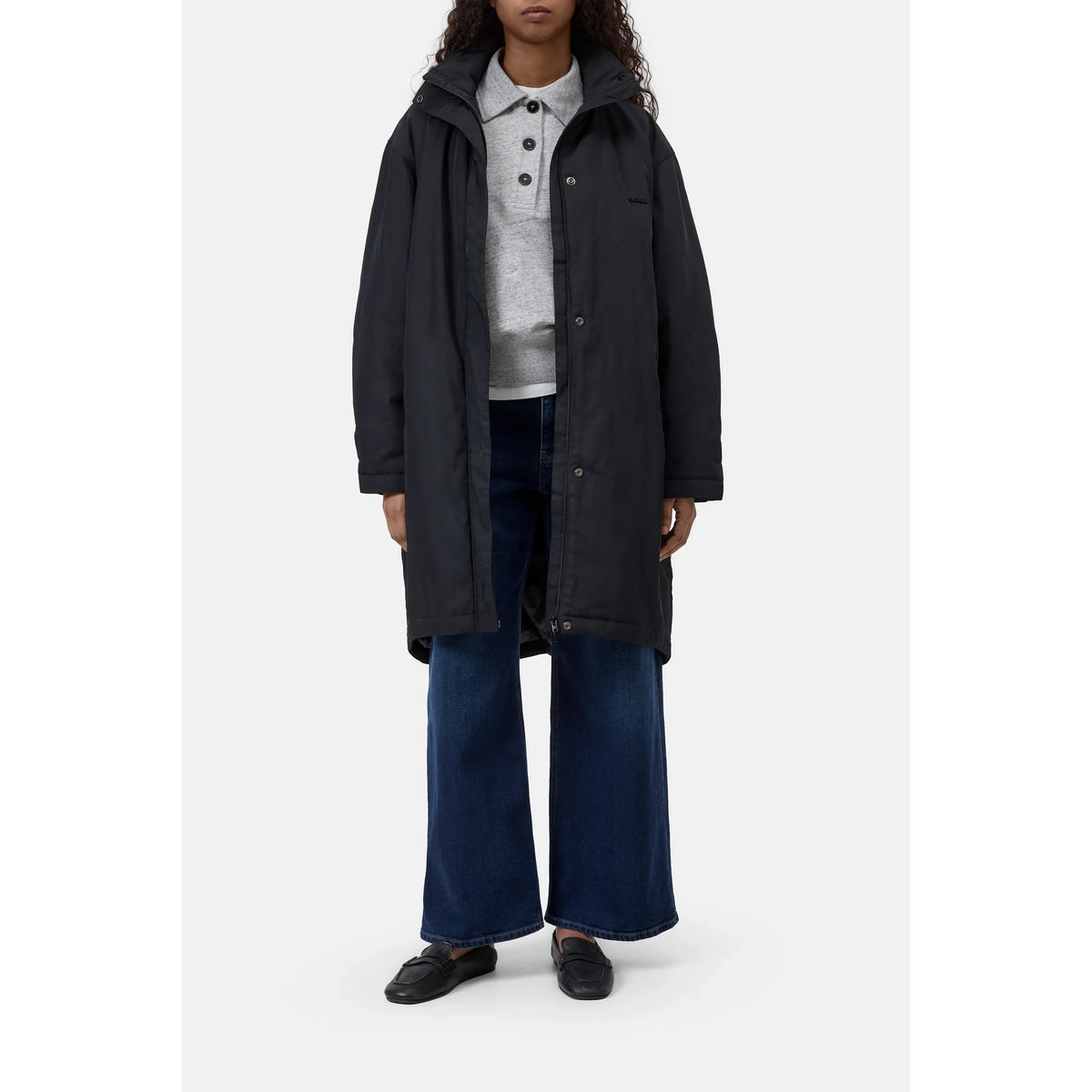 Women's black Relaxed Parka by Closed Women's, showcasing a casual, comfortable fit with a hood and relaxed silhouette.