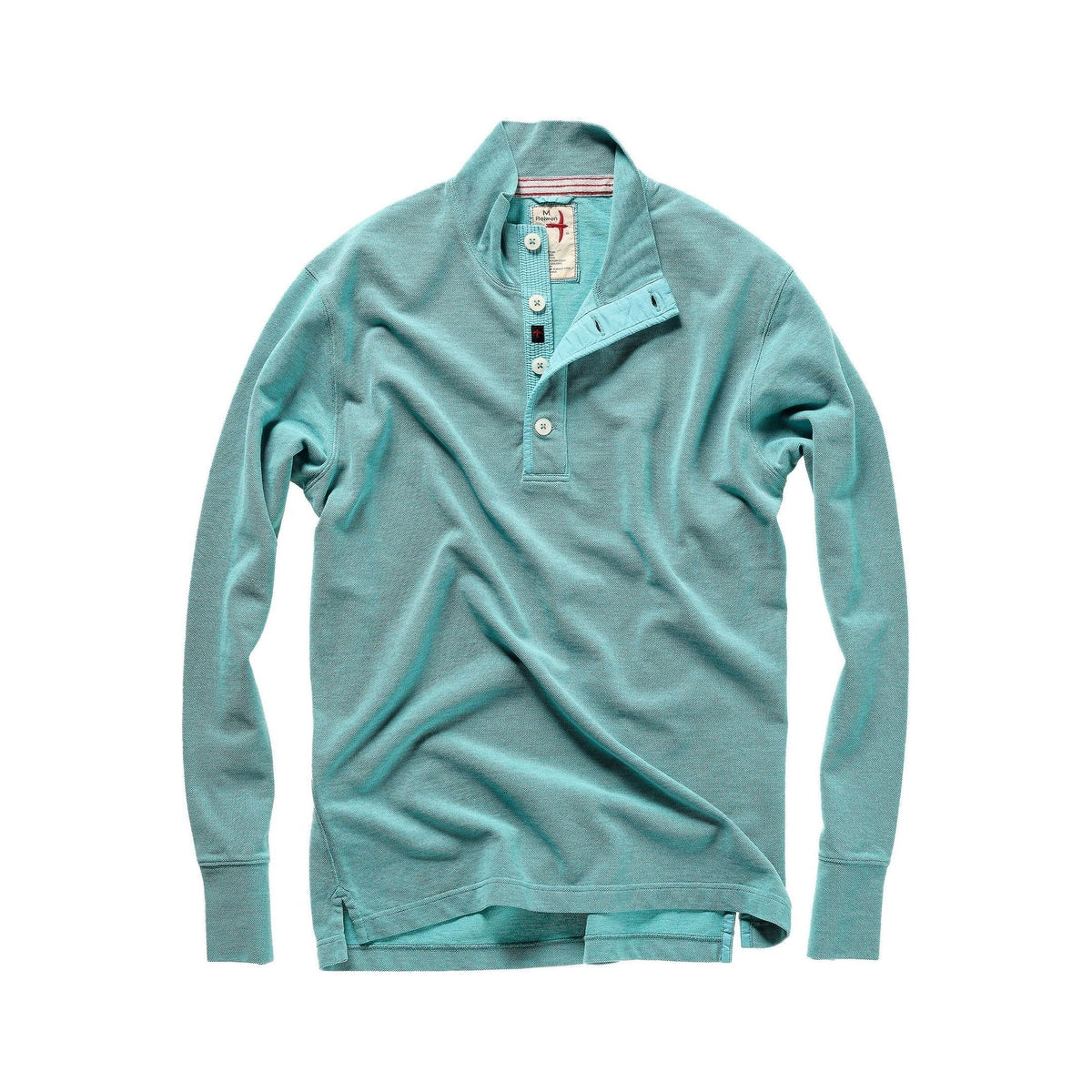 Men's Pique Button Mock in Ocean Heather by Relwen, close-up of textured fabric and button details on a casual men's shirt.