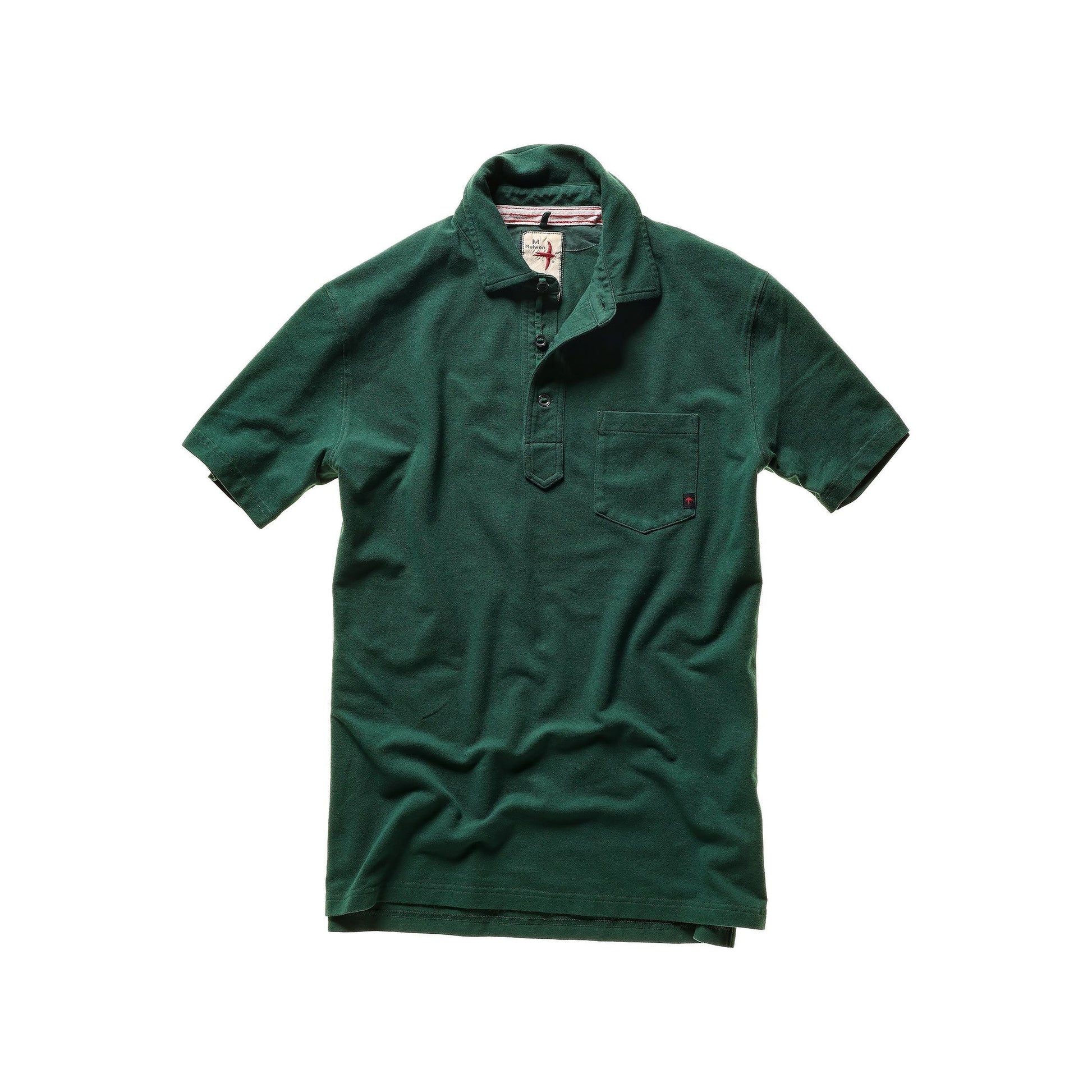 Men's forest green pique slot polo shirt by Relwen, showcasing a classic collar and textured fabric.