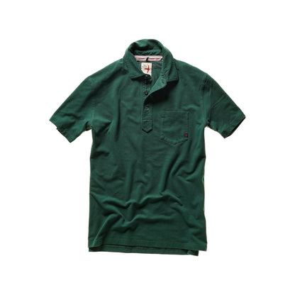 Men's forest green pique slot polo shirt by Relwen, showcasing a classic collar and textured fabric.