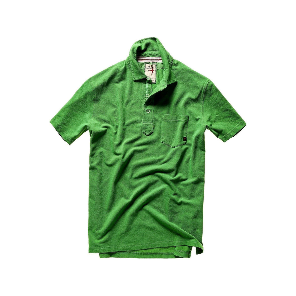 Men's lawn green pique slot polo shirt by Relwen, featuring a classic fit and detailed collar, displayed on a neutral background.