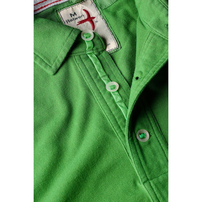 Men's lawn green Pique Slot Polo by Relwen, close-up of the textured cotton fabric and classic polo collar.