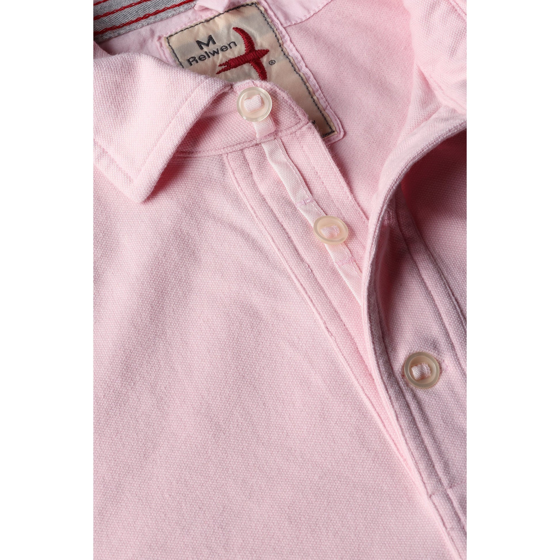 Men's pale pink Pique Slot Polo shirt by Relwen, featuring classic collar and textured pique fabric.