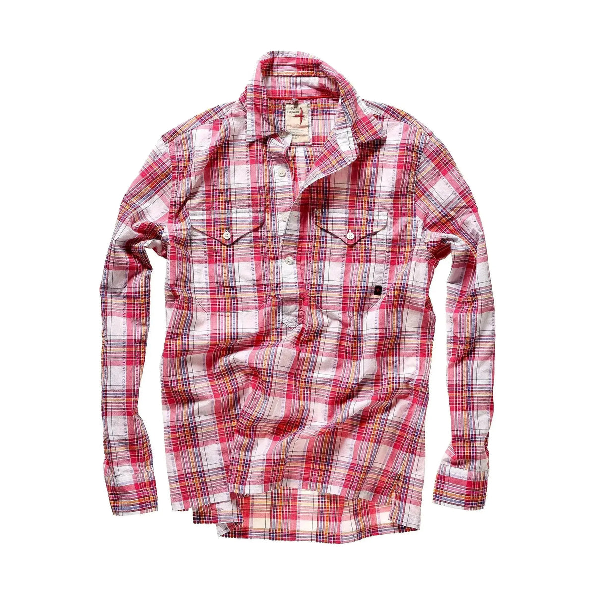 Men's red multi plaid seersucker popover shirt by Relwen, featuring lightweight, breathable fabric and a casual, relaxed fit.