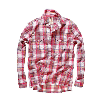 Men's red multi plaid seersucker popover shirt by Relwen, featuring lightweight, breathable fabric and a casual, relaxed fit.