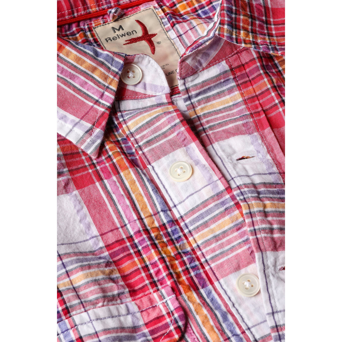Men's red multi plaid seersucker popover shirt by Relwen, featuring lightweight fabric and button-up design.