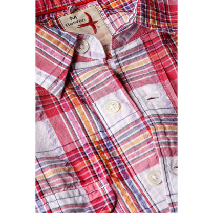 Men's red multi plaid seersucker popover shirt by Relwen, featuring lightweight fabric and button-up design.