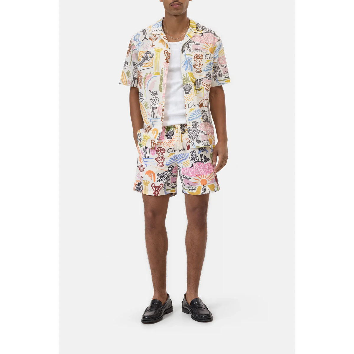 Men's closed resort shirt with colorful graphic print, featuring vibrant multi-color design and relaxed fit for casual wear.