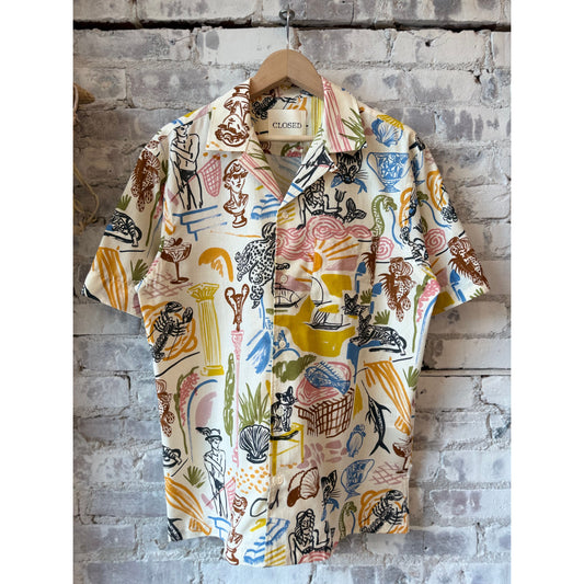 Men's resort shirt with colorful graphic print by Closed Men's, featuring a relaxed fit and vibrant multi-color design.