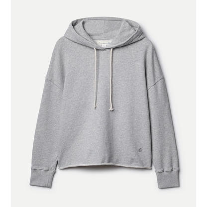 Women's grey melange fleece hoodie with raw hem by Merz b. Schwanen, featuring a cozy, vintage-inspired design.