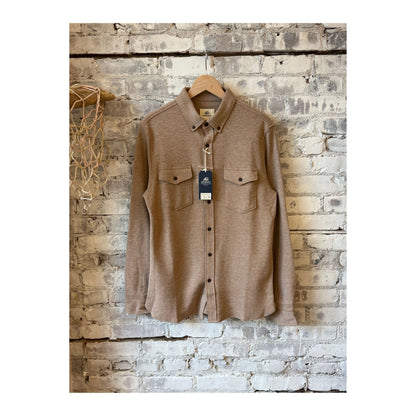 Men's Rex Soft Knit Shirt in camel heather from Surfside Supply, featuring a cozy knit fabric and casual fit.