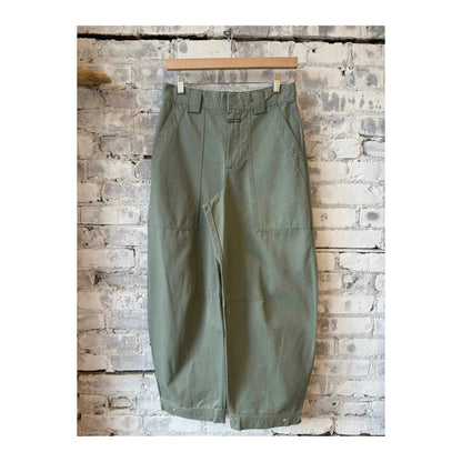 Women's Rhannon Barrel Pants by Closed in faded green denim, with relaxed fit and high waist, shown on a model.