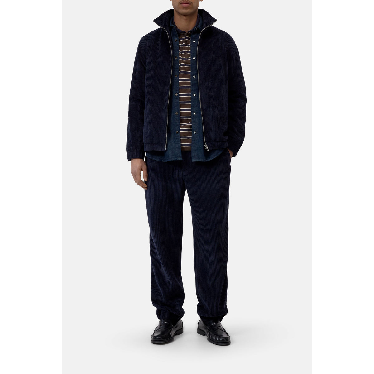 Men's Rib-Fleece Track Jacket in Dark Night by Closed Men's, shown in dark navy with ribbed cuffs and zip front design.