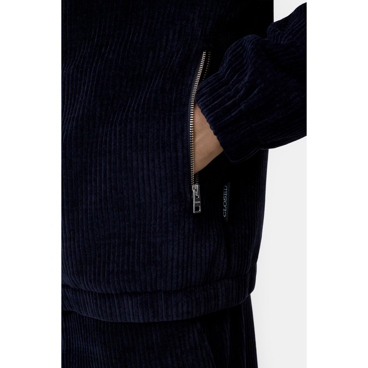 Men's Rib-Fleece Track Jacket in Dark Night by Closed Men's, showing the cozy rib-fleece fabric and sporty fit.