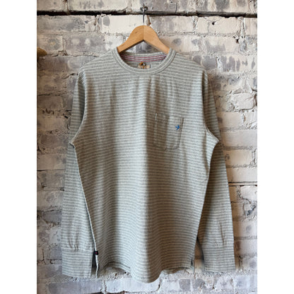 Men's Ringspun L/S Pocket Tee in Grey Heather with White Stripe by Relwen, showcasing a casual long-sleeve shirt with chest pocket.