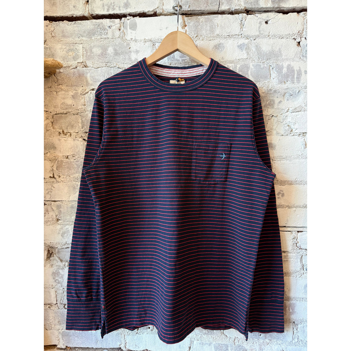 Men's Ringspun L/S Pocket Tee by Relwen in navy and red stripe with a chest pocket, soft cotton fabric, long sleeve design.