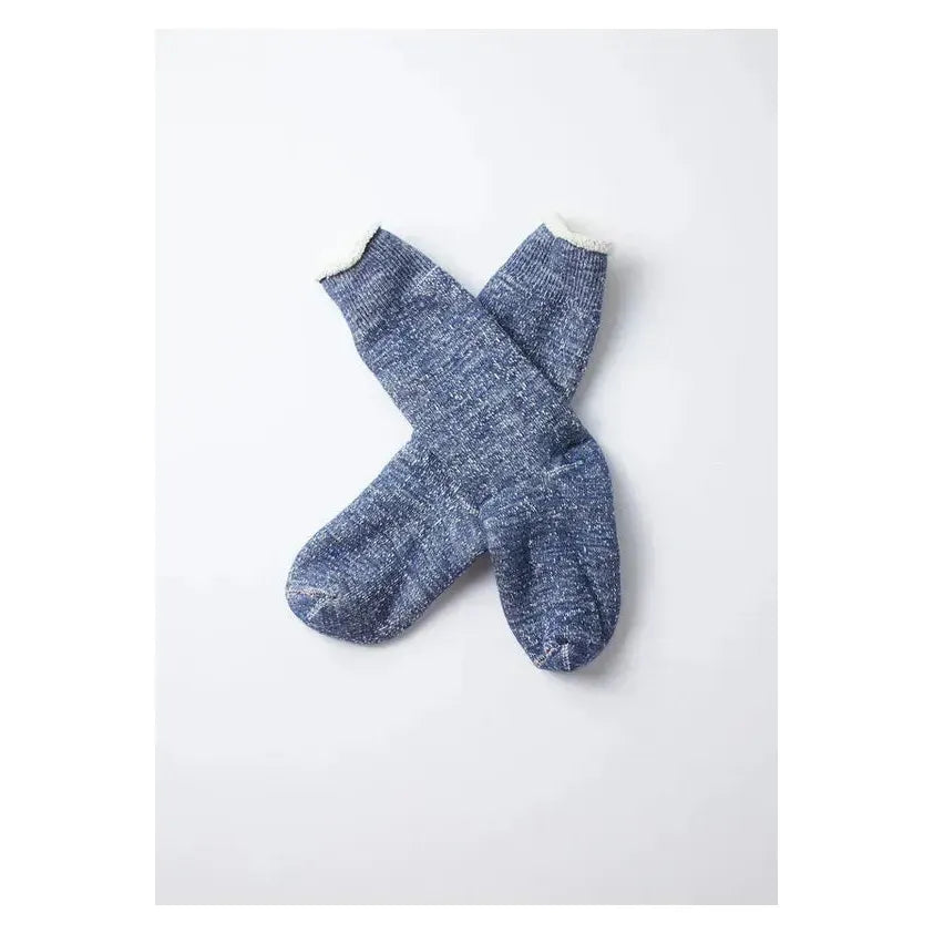 Men's Double-Face Crew Socks by Rototo in Deep Ocean color, featuring a soft, double-layer fabric with a textured pattern.