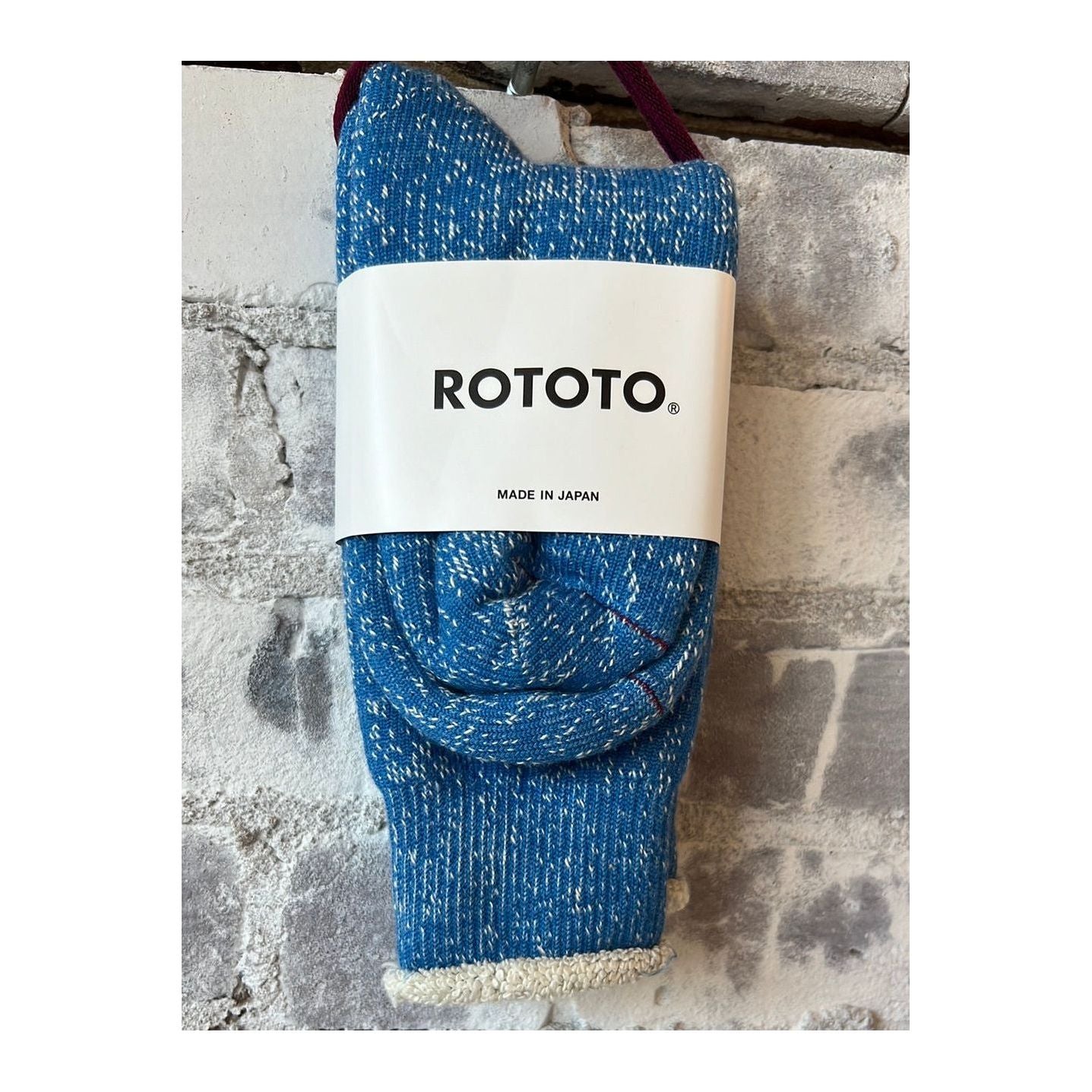 Men's blue double-face crew socks by Rototo, showing the soft, textured fabric and classic design.