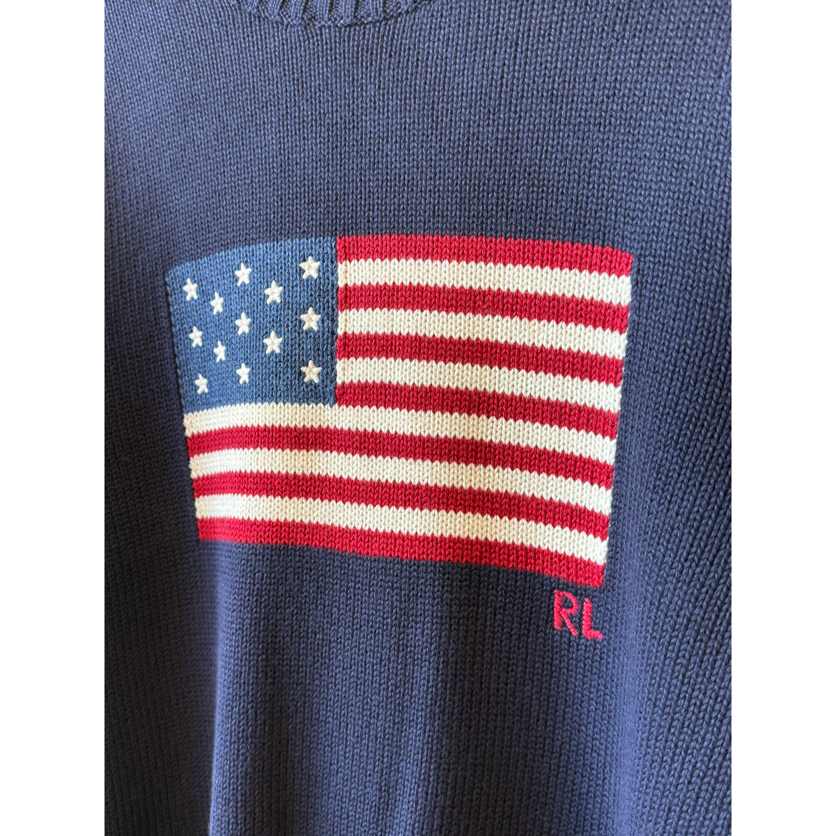Men's Ralph Lauren Roving Cotton USA Flag crewneck sweater in hunter navy, featuring a large USA flag design on the front.