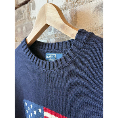Men's Ralph Lauren crewneck sweater in hunter navy featuring a roving cotton USA flag design.