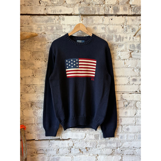 Men's Ralph Lauren Roving Cotton USA Flag Crewneck Sweater in Hunter Navy, featuring a patriotic flag design on the front.