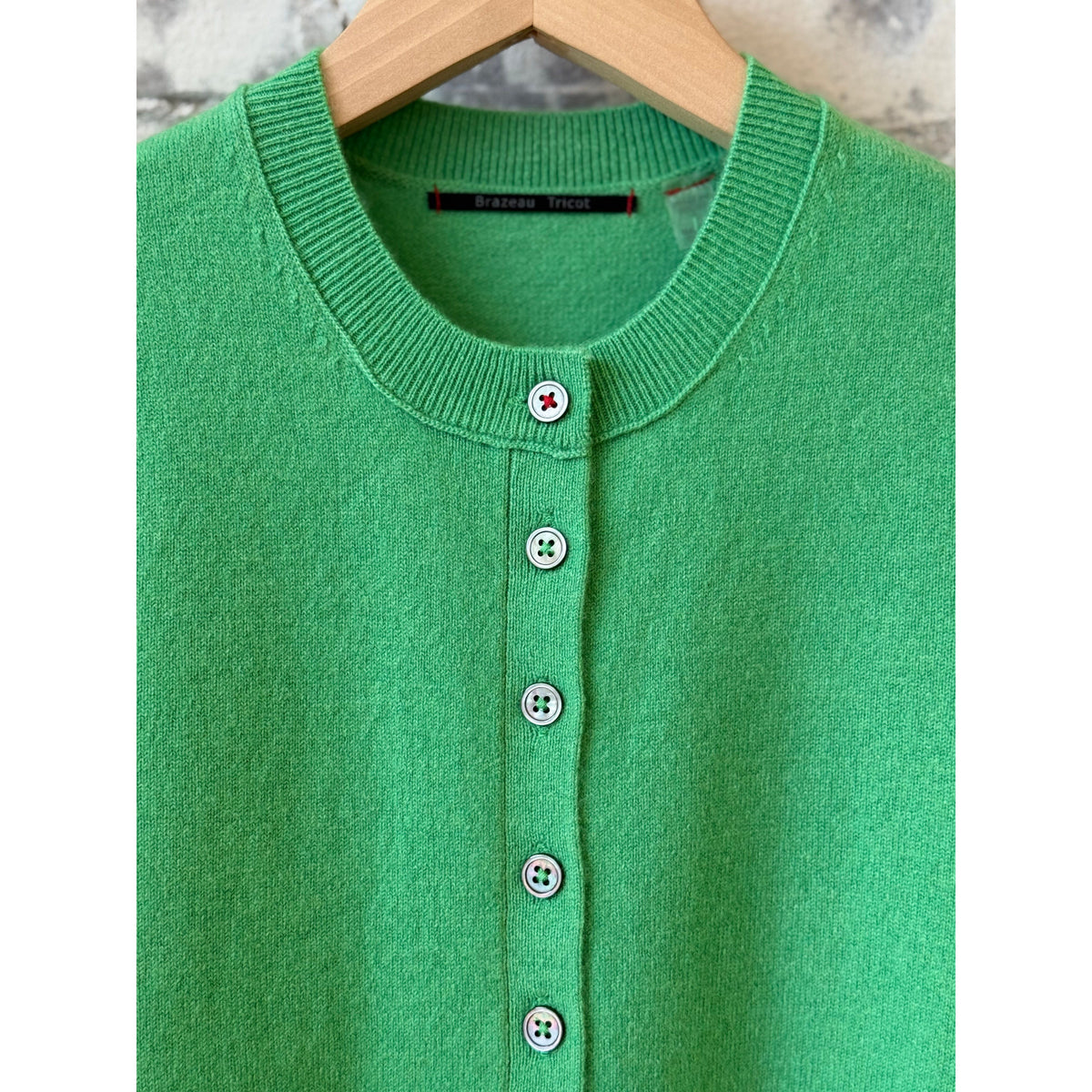 Women's Royal All Thumbs Cardigan by Brazeau Tricot in Mojito green, featuring a cozy knit fabric and button closure.