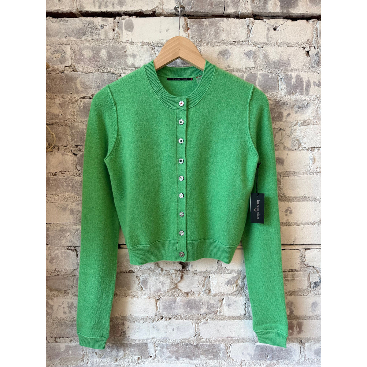 Women's Royal All Thumbs Cardigan by Brazeau Tricot in Mojito, featuring a soft knit fabric and relaxed fit.