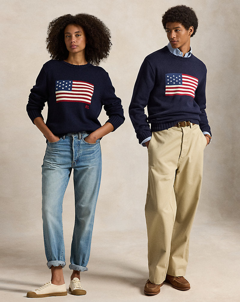 Roving Cotton USA Flag Crewneck Sweater - Hunter Navy