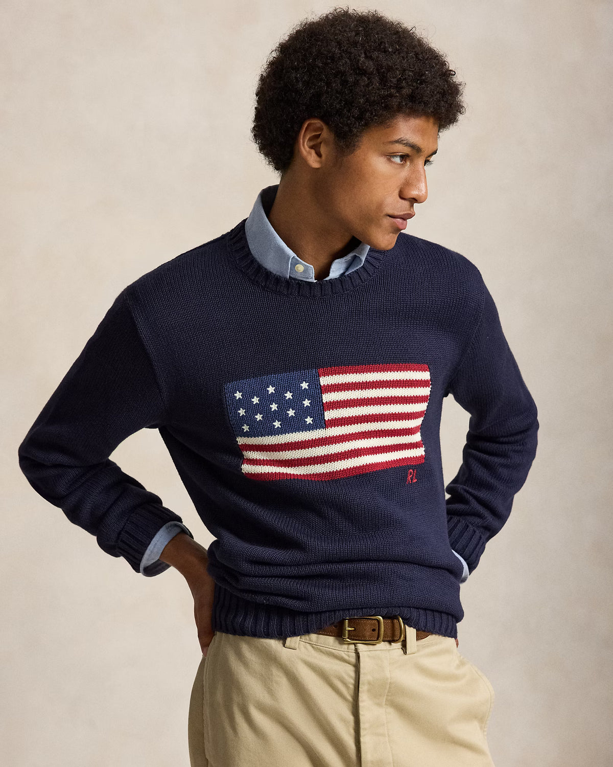 Ralph Lauren Roving Cotton USA Flag Crewneck Sweater - Hunter Navy Gray