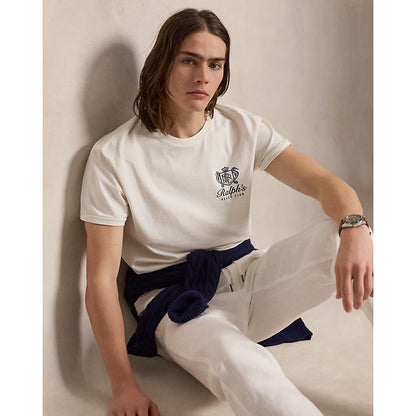 Men's Polo RL Beach Club Print T-Shirt in deckwash white, featuring a stylish beach-themed graphic design on soft cotton fabric.