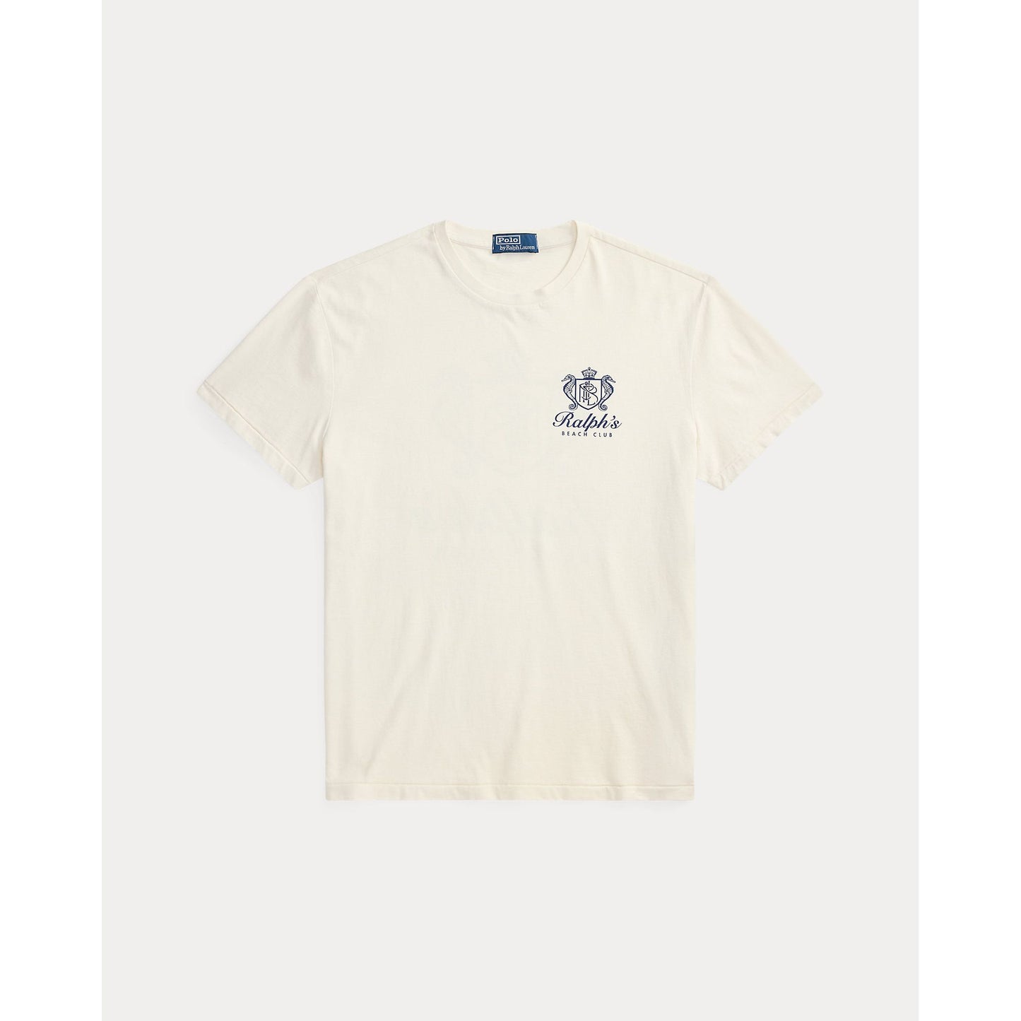 Men's Polo RL Beach Club Print T-Shirt in deckwash white, featuring a vibrant beach-themed graphic on soft cotton fabric.