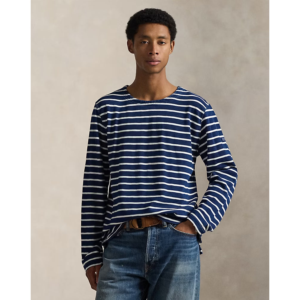 Men's Polo RL slub linen T-shirt with boat neck, dark indigo and greige striped yarn-dyed fabric on a casual fit.