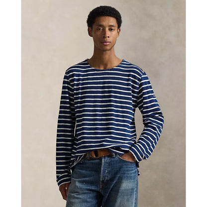 Men's Polo RL slub linen T-shirt with boat neck, dark indigo and greige striped yarn-dyed fabric on a casual fit.