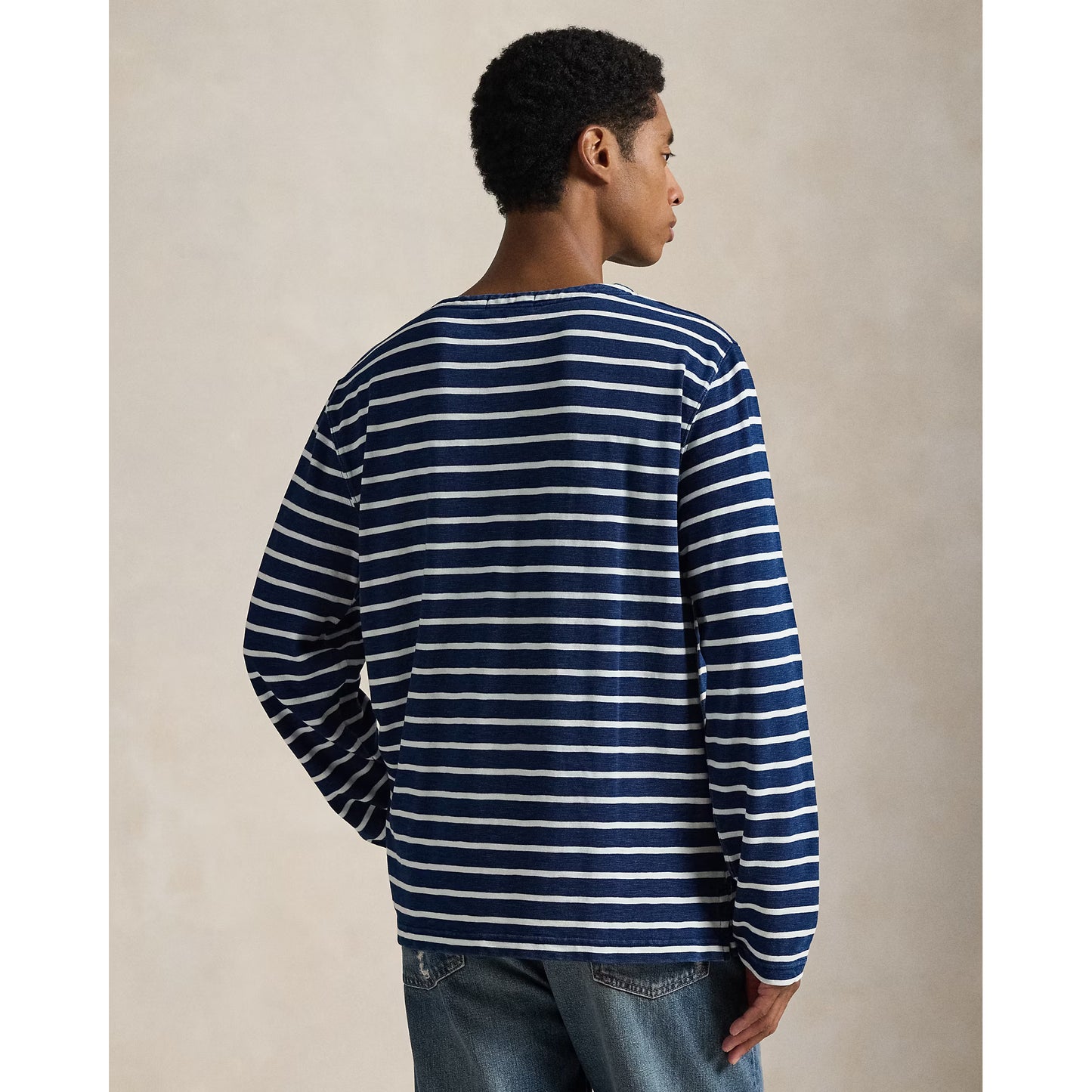 Men's Polo RL Slub Linen T-shirt with boat neck, dark indigo and greige stripe, made from yarn-dyed linen fabric.