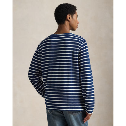 Men's Polo RL Slub Linen T-shirt with boat neck, dark indigo and greige stripe, made from yarn-dyed linen fabric.