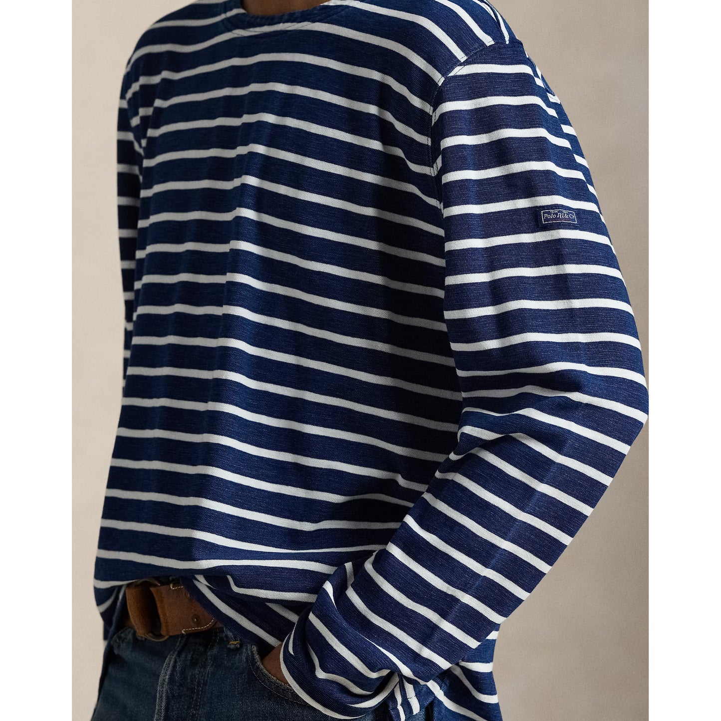Men's Polo RL Slub Linen T-shirt with boat neck, featuring dark indigo and greige stripe design, in a relaxed fit.