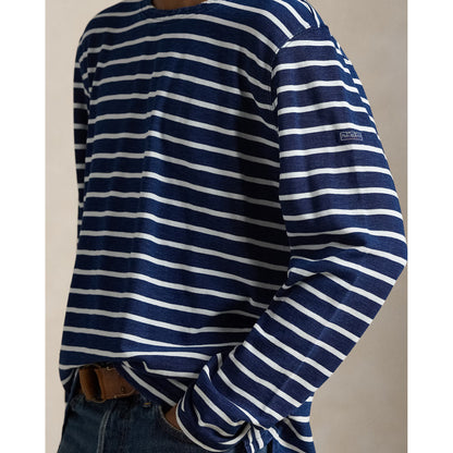Men's Polo RL Slub Linen T-shirt with boat neck, featuring dark indigo and greige stripe design, in a relaxed fit.