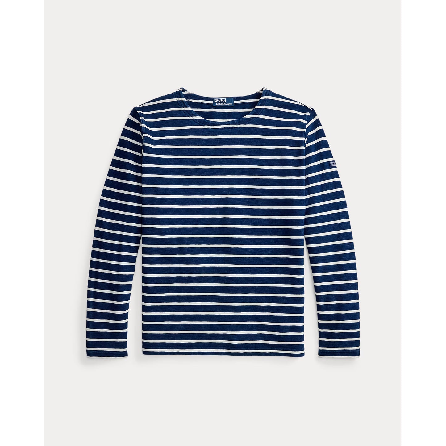 Men's Polo RL Slub Linen T-shirt with boat neck in dark indigo and greige, featuring a yarn-dyed striped pattern and casual fit.