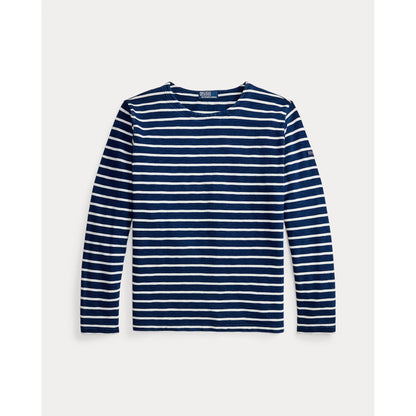 Men's Polo RL Slub Linen T-shirt with boat neck in dark indigo and greige, featuring a yarn-dyed striped pattern and casual fit.