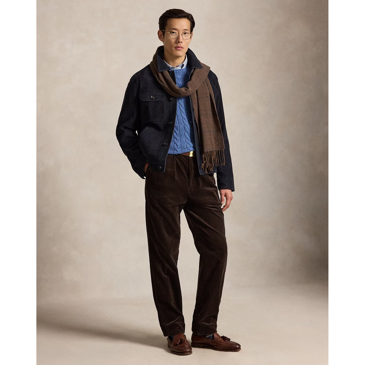 Men's Ralph Lauren Ashdale Lamb Suede Shacket in navy, showcasing its stylish suede fabric and classic design.