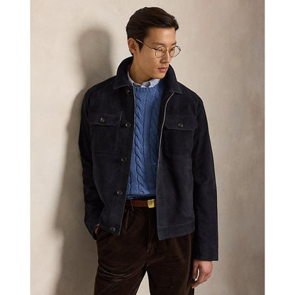 Men's Lamb Suede Ashdale Shacket in navy, Ralph Lauren collection, featuring a stylish suede shacket with a classic collar and button details.
