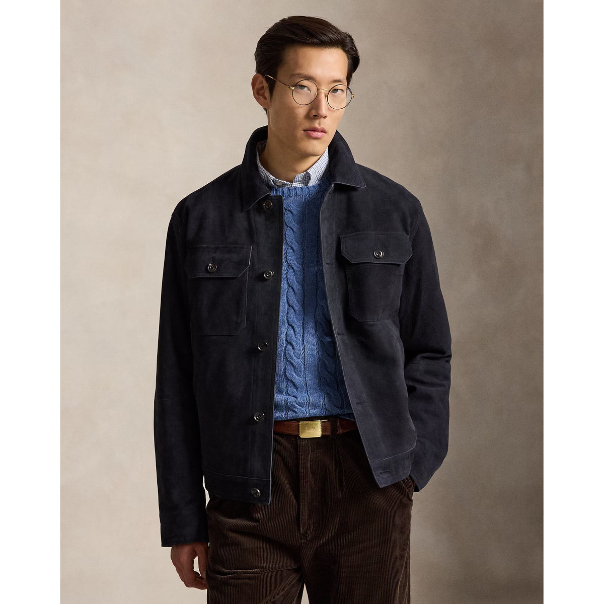 Men's Ralph Lauren Lamb Suede Ashdale Shacket in Collection Navy, showing the stylish navy suede shacket with front buttons and collar.